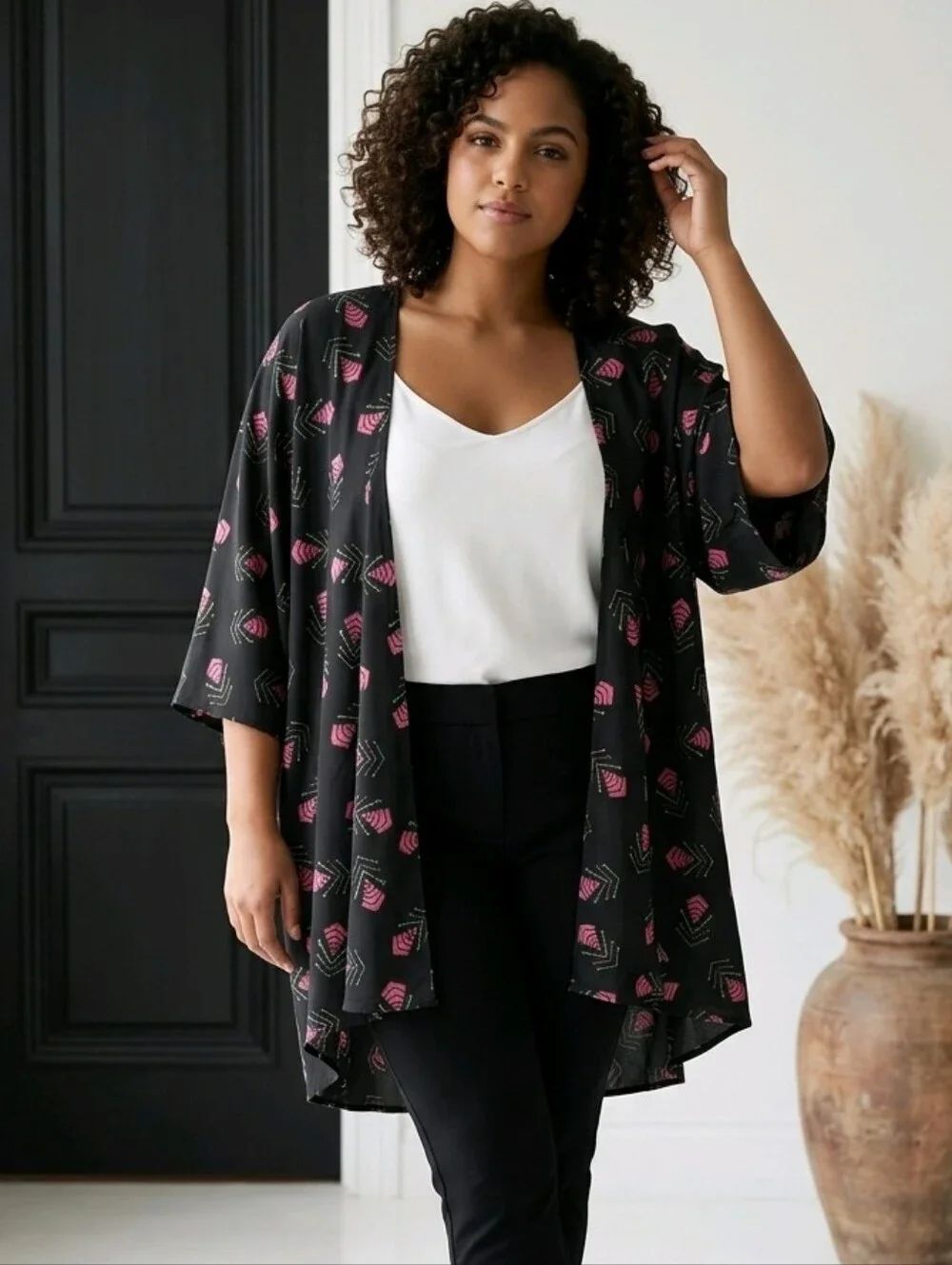 LuLaRoe Lindsay Kimono Cardigan Black Pink Geometric Chiffon Open Front NWOT L